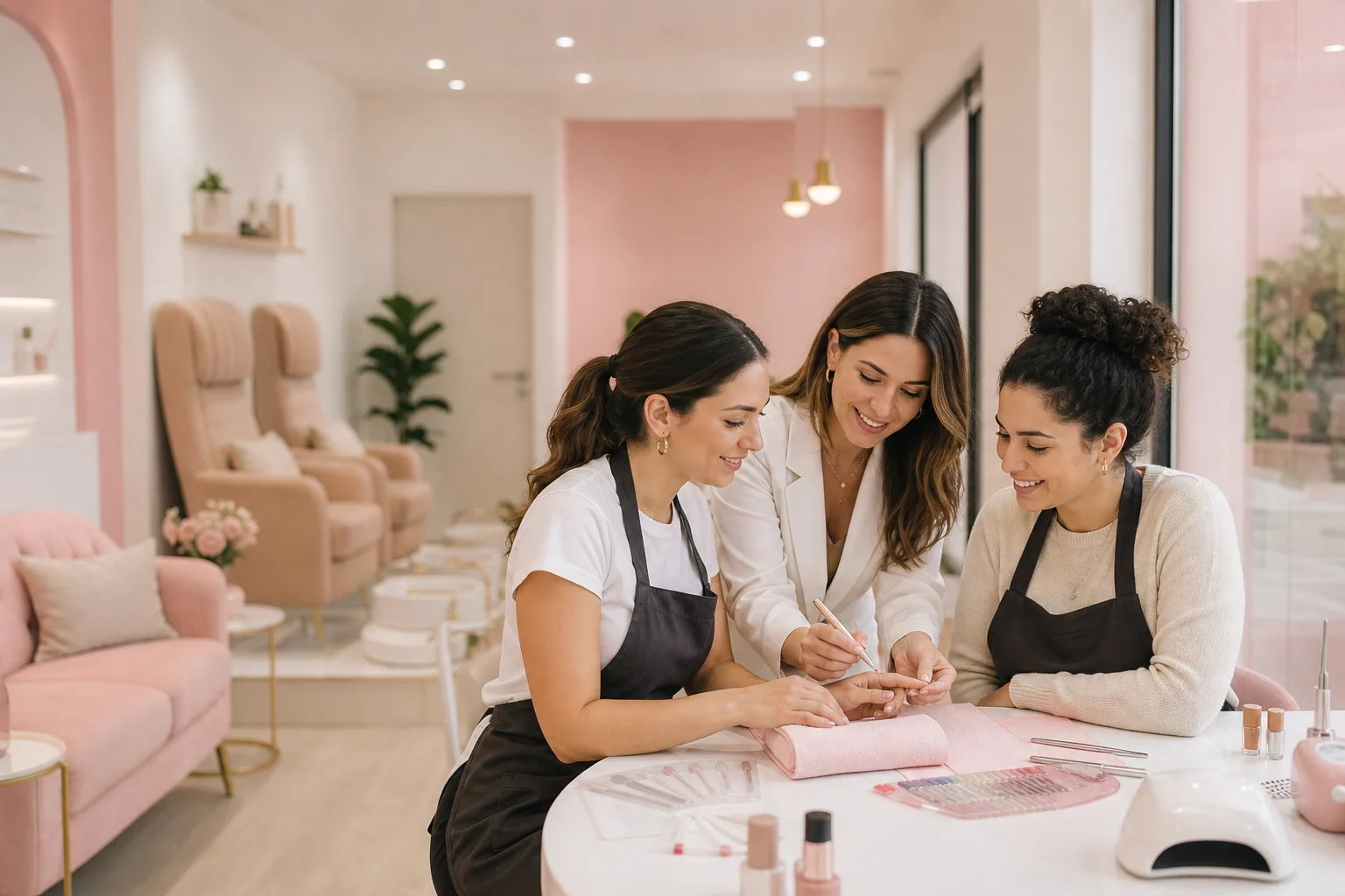 Profesionales aprendiendo y compartiendo una técnica de manicura